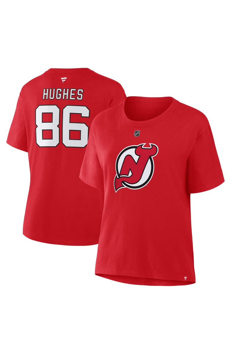 FANATICS Women's Fanatics Jack Hughes Red New Jersey Devils Authentic Stack Name & Number T-Shirt, Main, color, Red