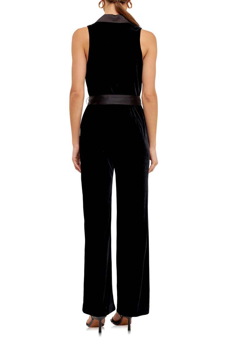 Satin Trim Velvet Jumpsuit, Alternate, color, BLACK