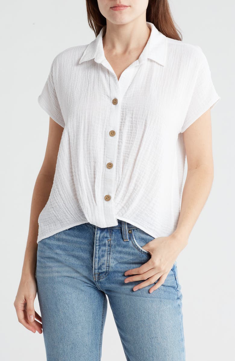beachlunchlounge Front Tuck Front Button Gauze Shirt, Main, color, White