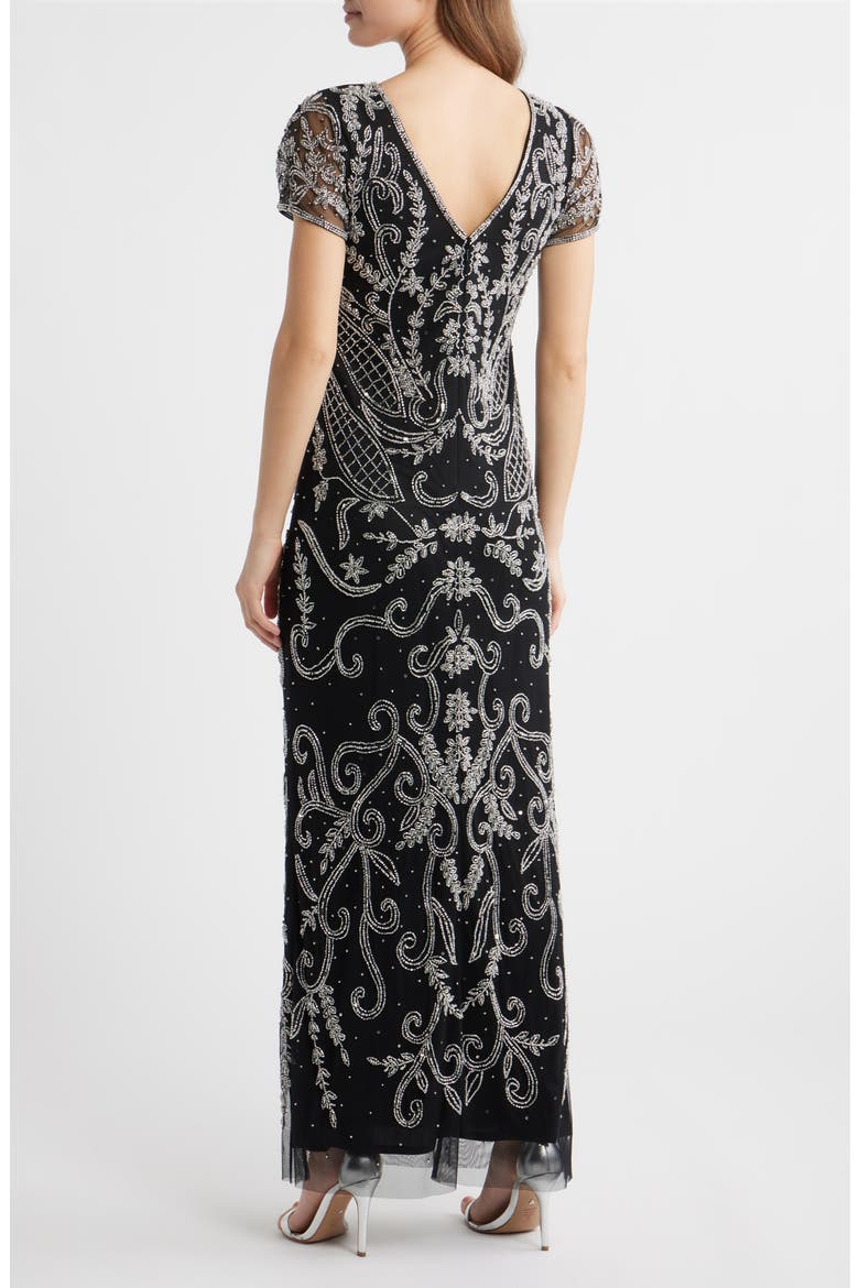 Beaded Mesh Gown, Alternate, color, BLACK/ SILVER