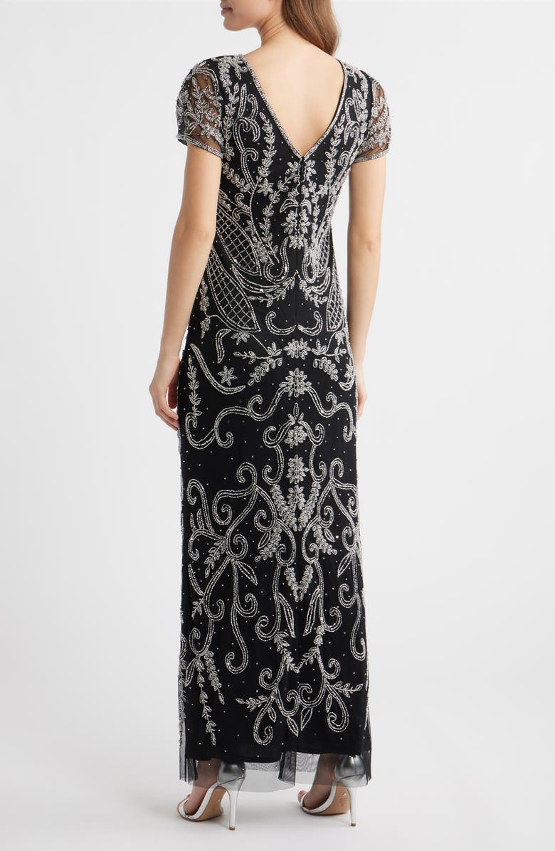 Pisarro Nights Beaded Mesh Gown, Alternate, color, Black/ Silver