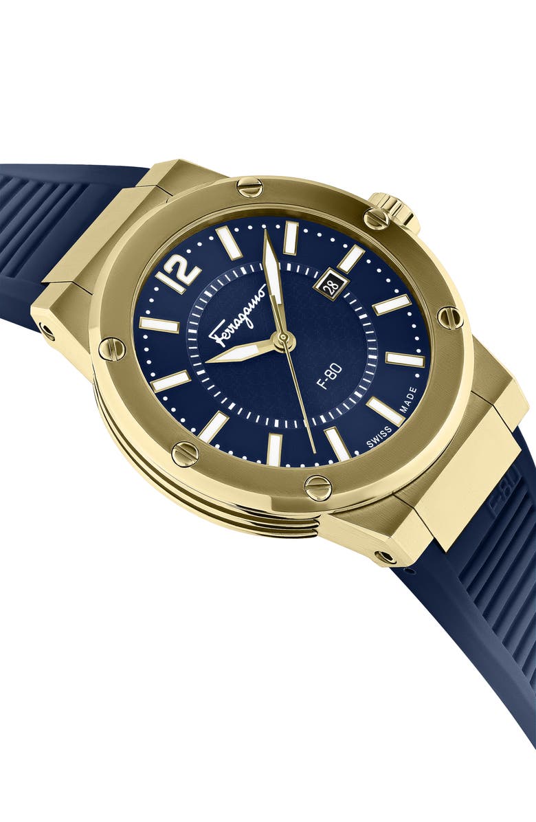 FERRAGAMO F-80 Chronograph Silicone Strap Watch, 44mm, Alternate, color, Yellow Gold