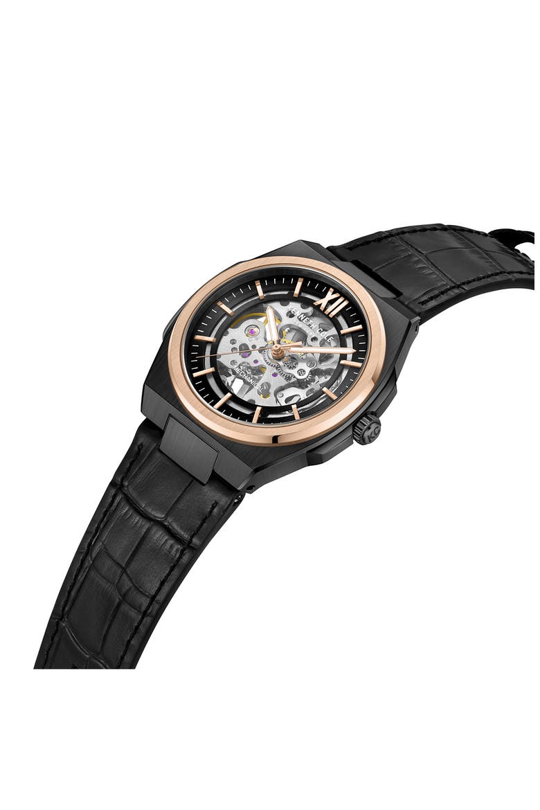 Mechanical Embossed Leather Strap Watch, 25mm, Alternate, color, BLACK