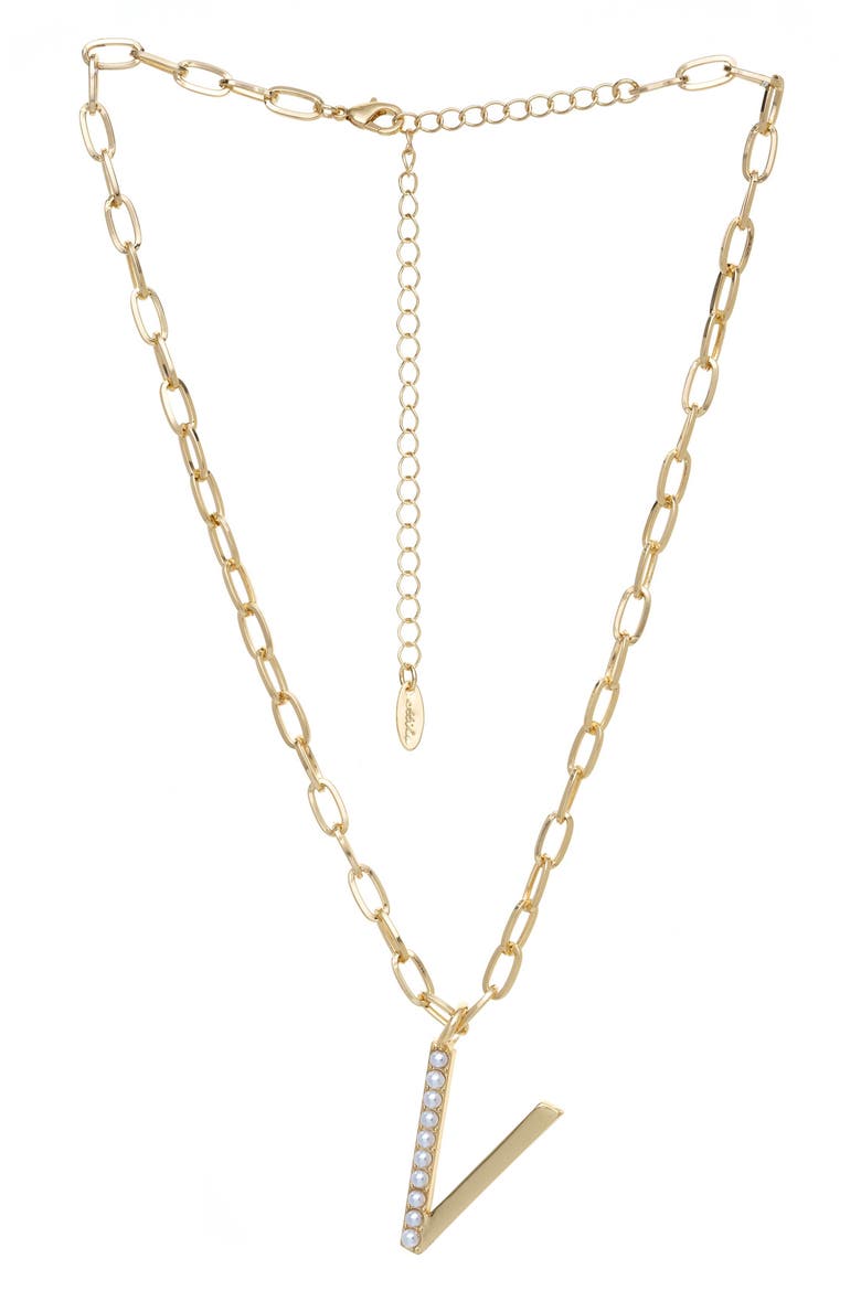 Imitation Pearl Initial Pendant Necklace, Main, color, GOLD- V