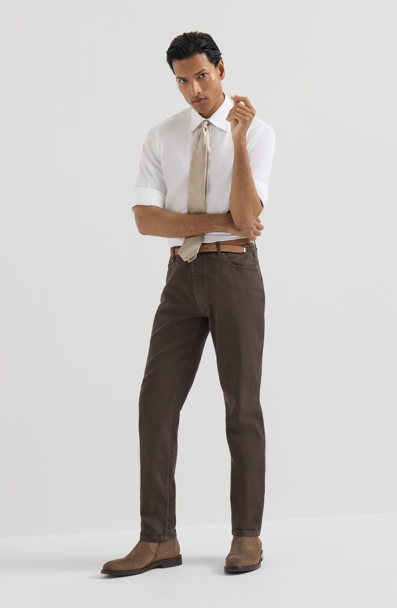 Brunello Cucinelli Garment-dyed comfort lightweight denim traditional fit five-pocket trousers, Alternate, color, Brown