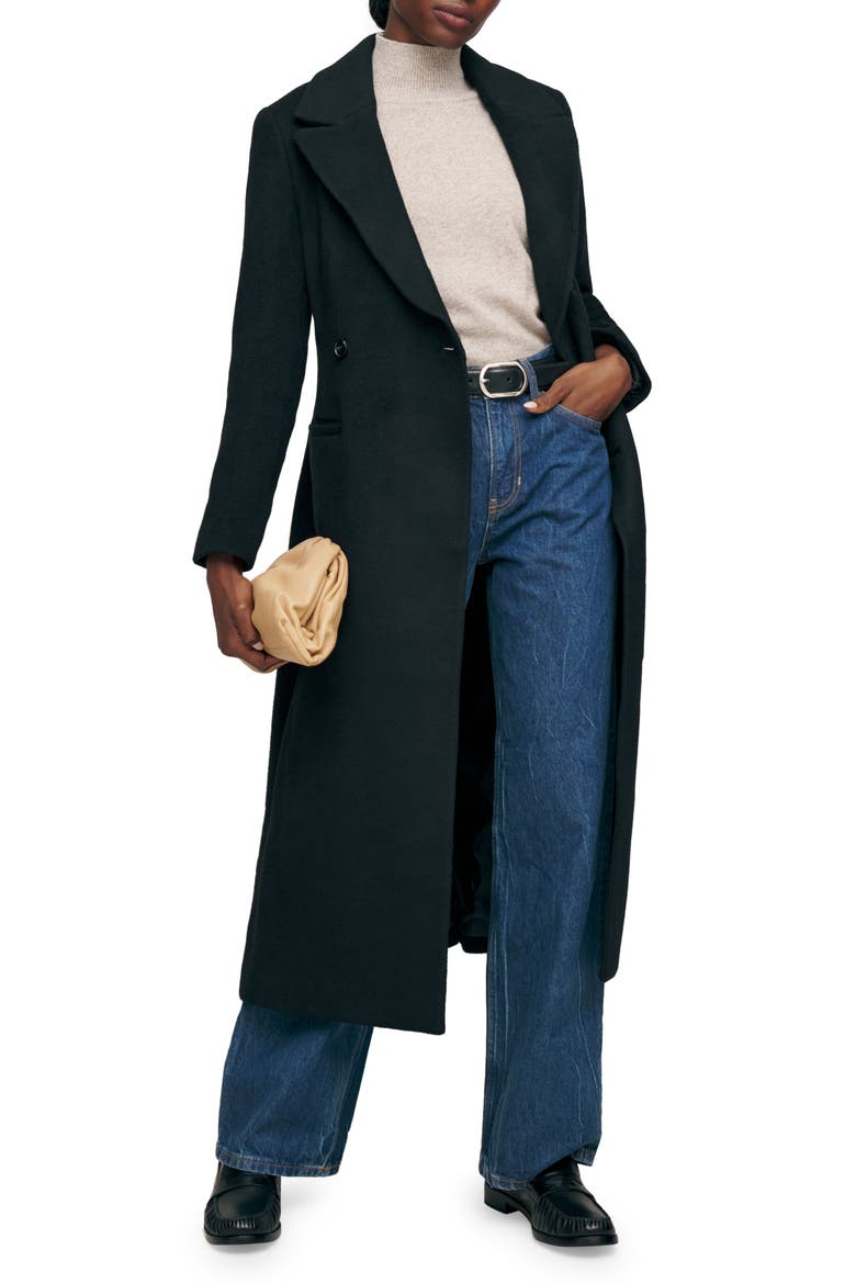 Oscar Nipped Waist Recycled Wool Blend Double Breasted Coat, Main, color, BLACK