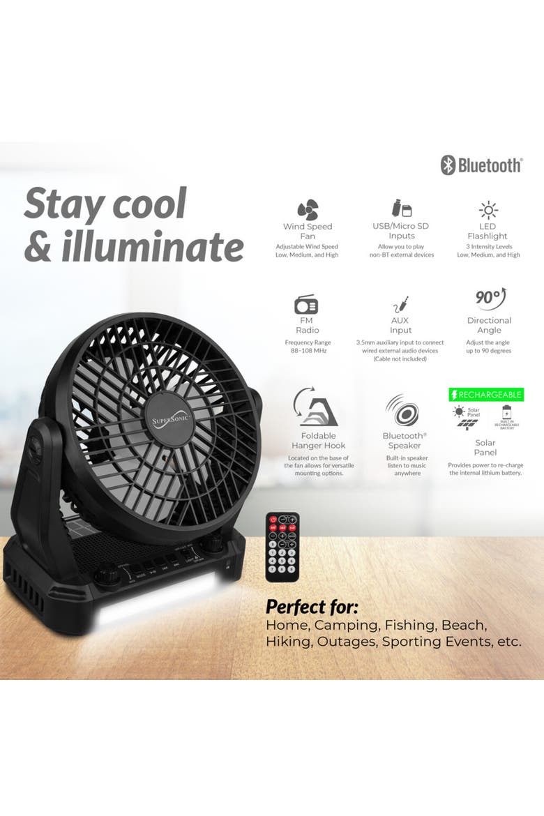 Solar Power Fan W/  Speaker, LED Flashlight, Remote, Alternate, color, Black