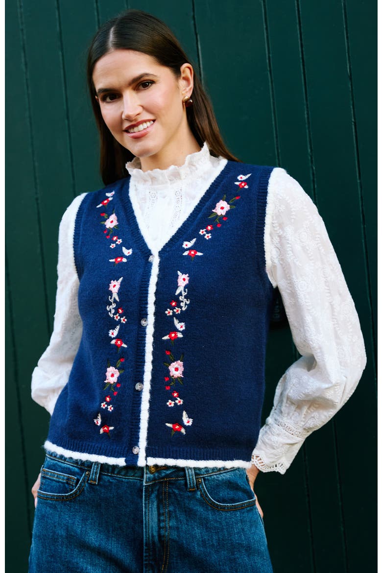 Embroidered Knitted Vest, Alternate, color, Navy