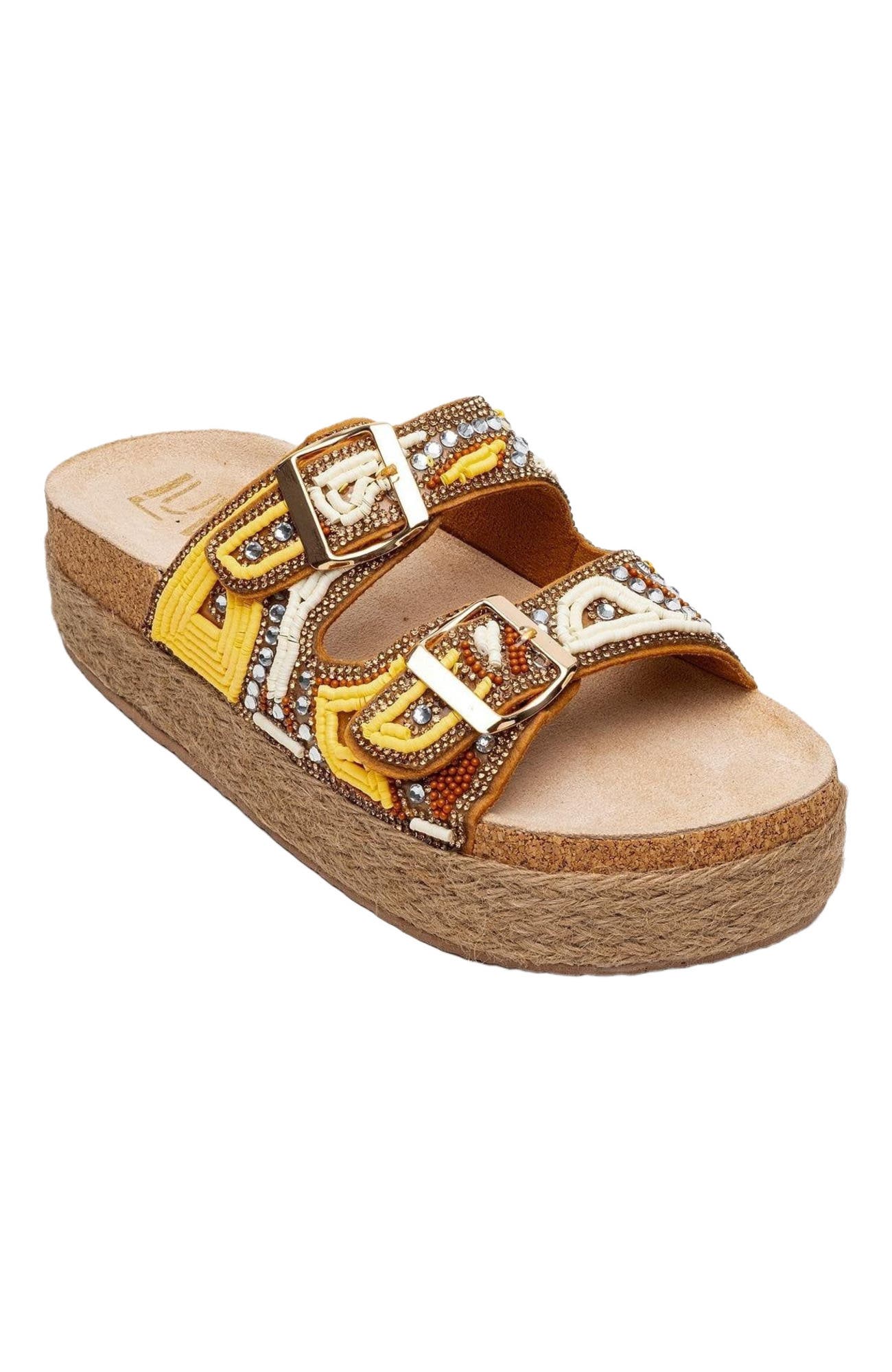 Prologue Shoes Bobby Beaded Straw Platform Slide Sandal, Alternate, color, Yellow Faux Leather