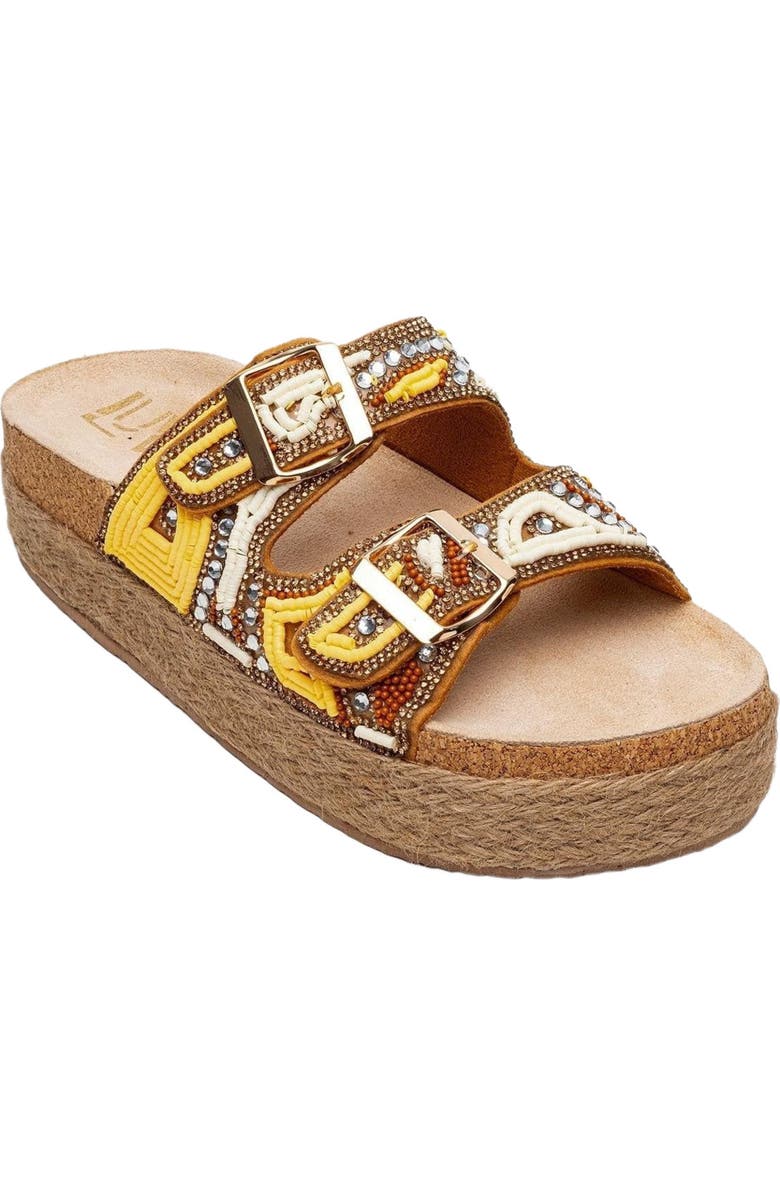 Prologue Shoes Bobby Beaded Straw Platform Slide Sandal, Alternate, color, Yellow Faux Leather