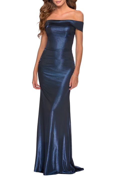 Metallic Jersey Long Off the Shoulder Prom Dress