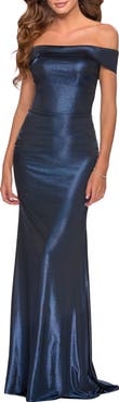 La Femme Metallic Jersey Long Off the Shoulder Prom Dress