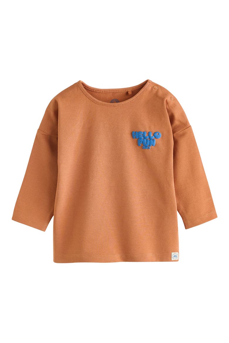 Kids' Slogan Long Sleeve Graphic T-Shirt & Stripe Jeans Set, Alternate, color, BROWN