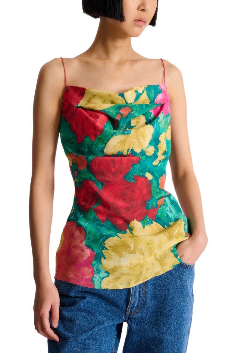 Printed crepe de Chine top with thin straps, Main, color, multicolor