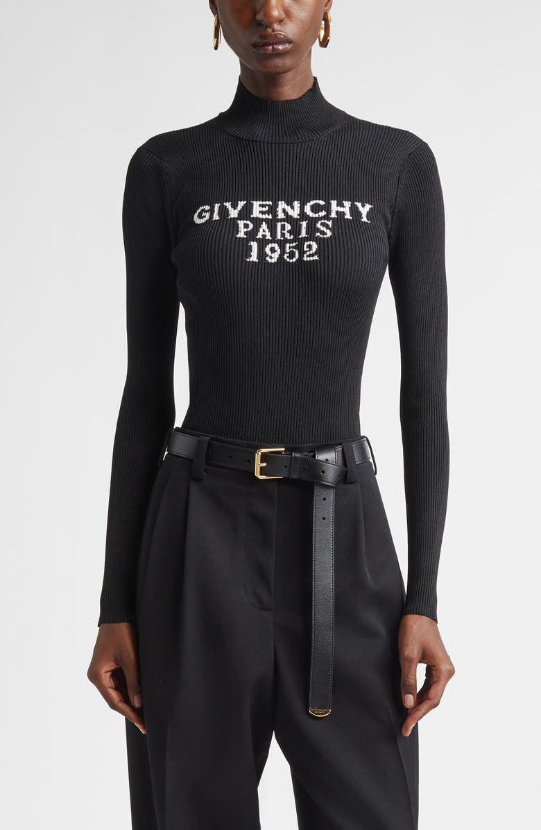 Givenchy Logo Rib High Neck Bodysuit, Main, color, Black