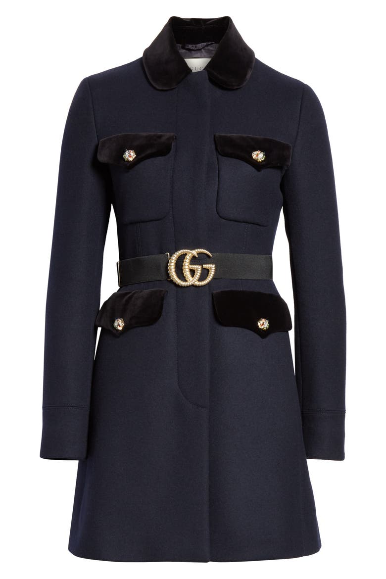 GG Belt Velvet Trim Coat, Alternate, color, INK