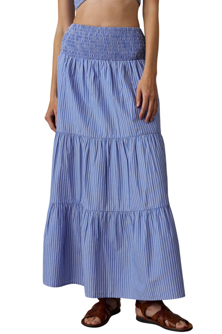 Coastal Tiered Poplin Maxi Skirt, Main, color, DEEPWATER STRIPE