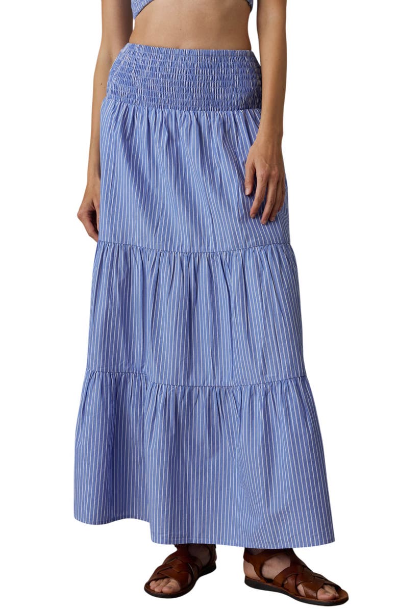 Faherty Coastal Tiered Poplin Maxi Skirt, Main, color, Deepwater Stripe