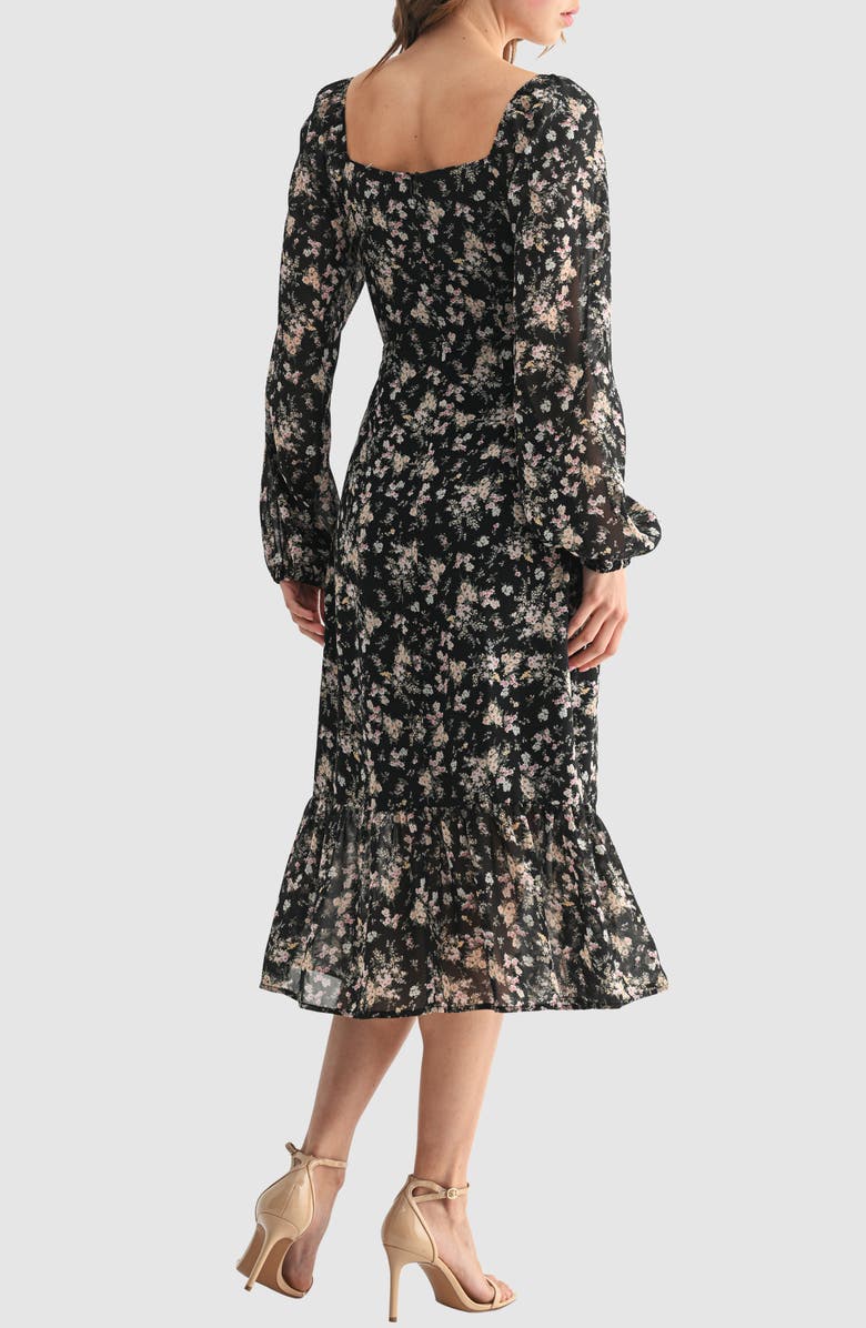 All in Favor Floral Long Sleeve Ruffle Hem Midi Dress, Alternate, color, Black Pink Floral