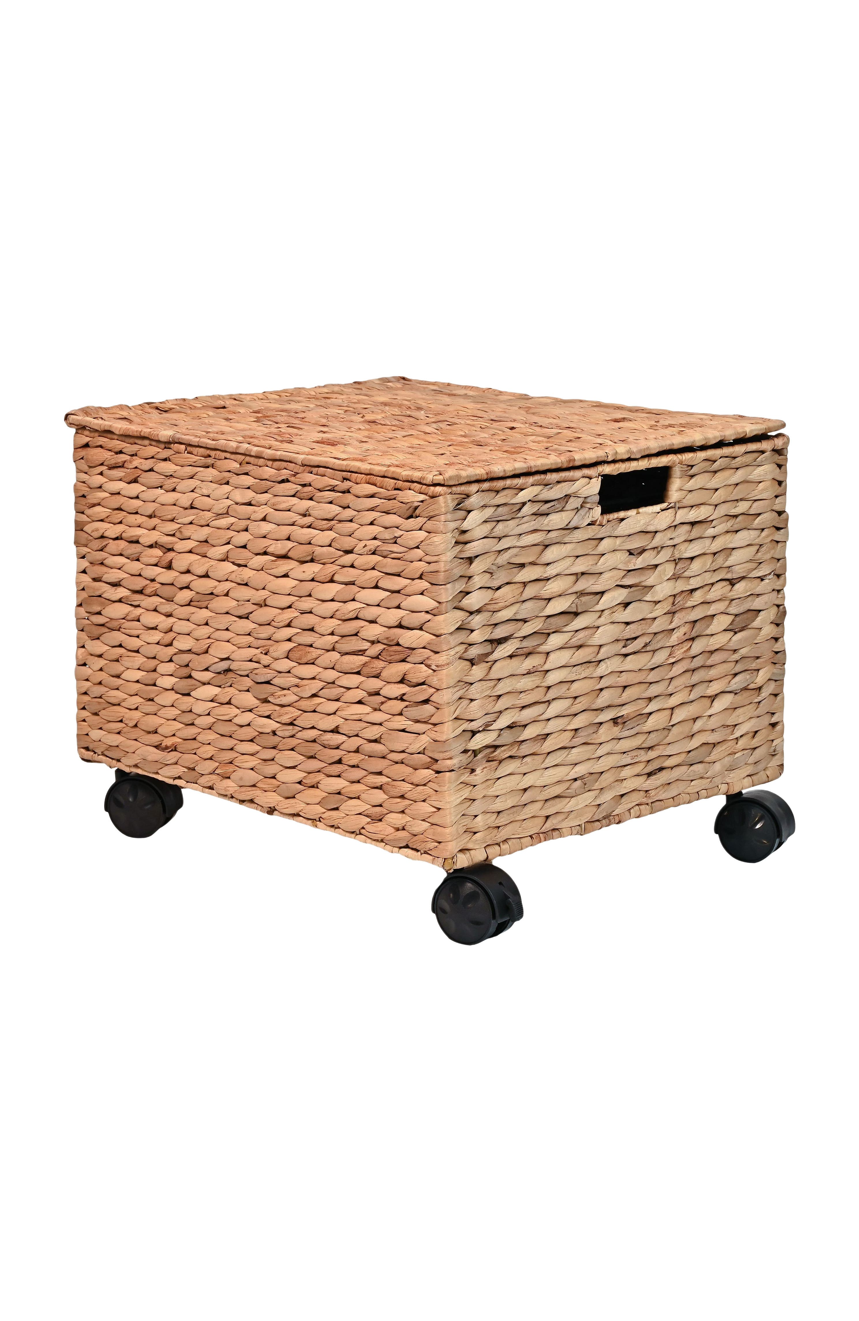 HAPPIMESS Ashton Classic Farmhouse Handwoven Hyacinth Rolling Filing Basket with Lid and 360 Degree Lockable Wheels in Natural 