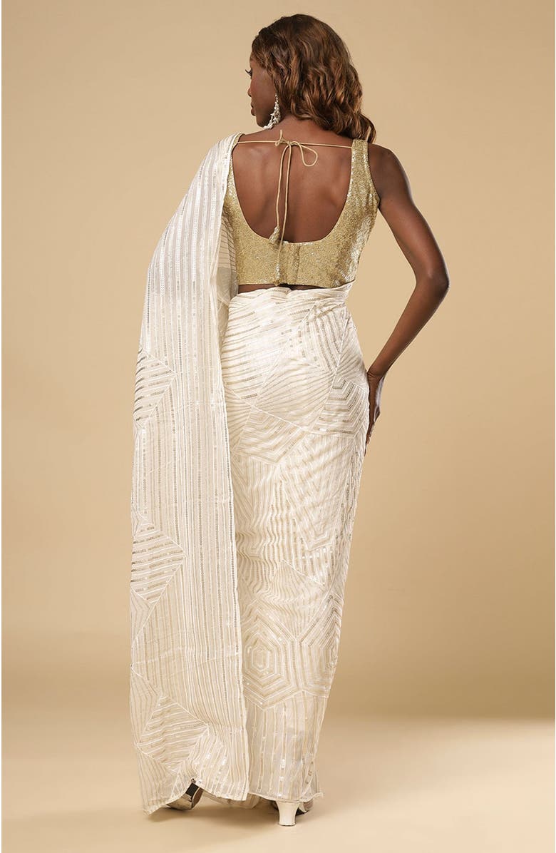 One Minute Saree<sup>®</sup> Charlize Luxe Cream Geometric Sequins Georgette Ready to Wear Saree, Alternate, color,