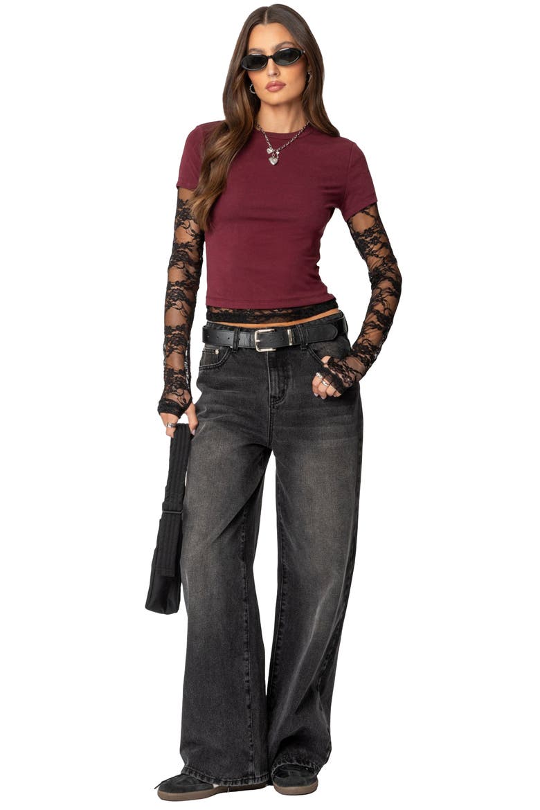 Layered Lace Sleeve T-Shirt, Alternate, color, BURGUNDY