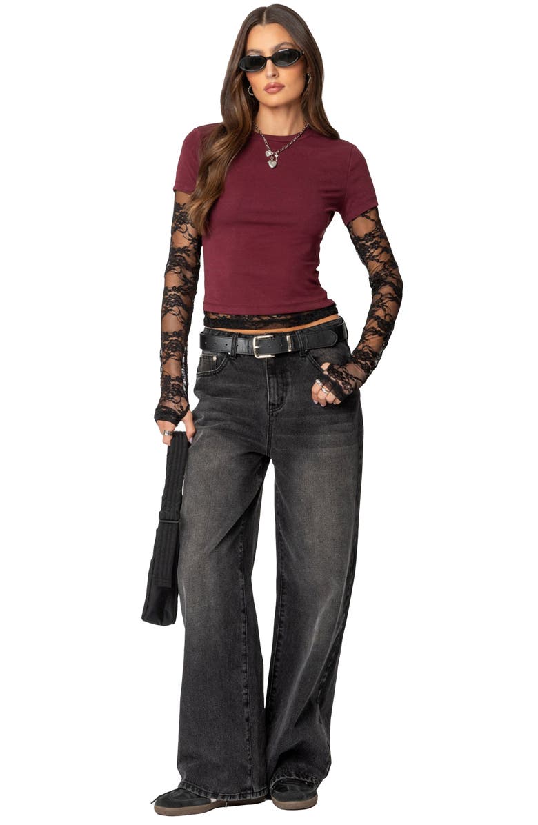 EDIKTED Layered Lace Sleeve T-Shirt, Alternate, color, Burgundy