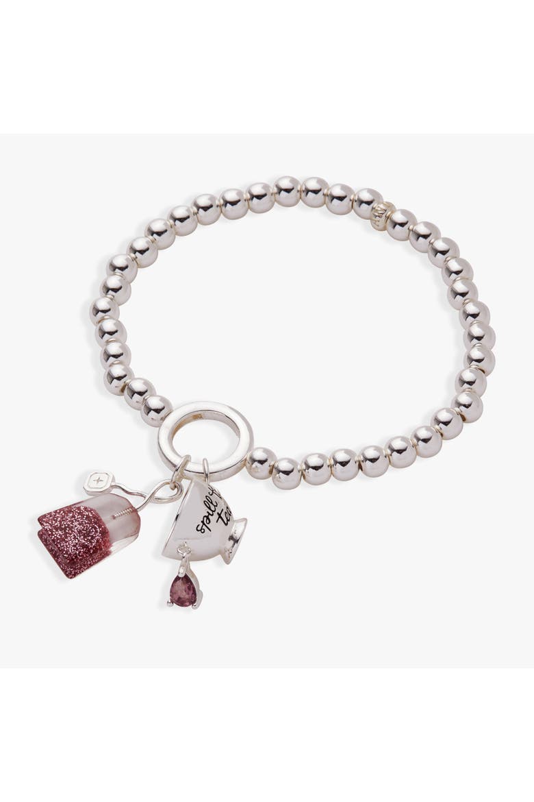 'Spill the Tea' Cup & Tea Bag Stretch Bracelet, Main, color, Silver