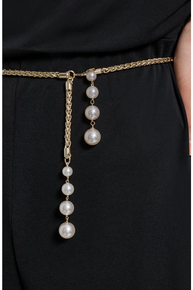 Jersey Jumpsuit with Faux Pearl Chain Belt, Alternate, color, BLACK