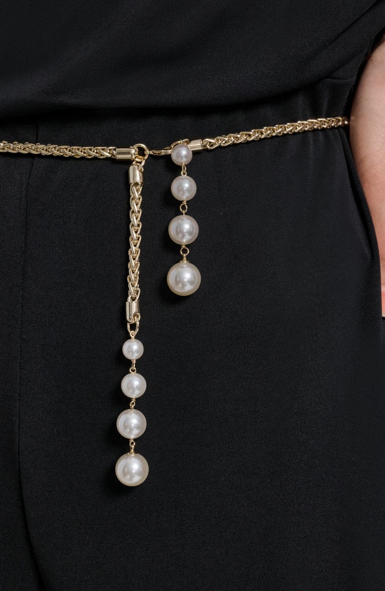 KARL LAGERFELD Jersey Jumpsuit with Faux Pearl Chain Belt, Alternate, color, Black