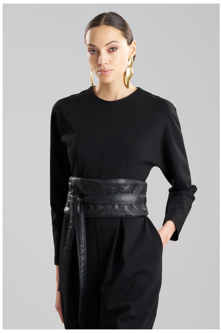 Leticia - Emb. Faux Leather Obi Belt, Main, color, BLACK