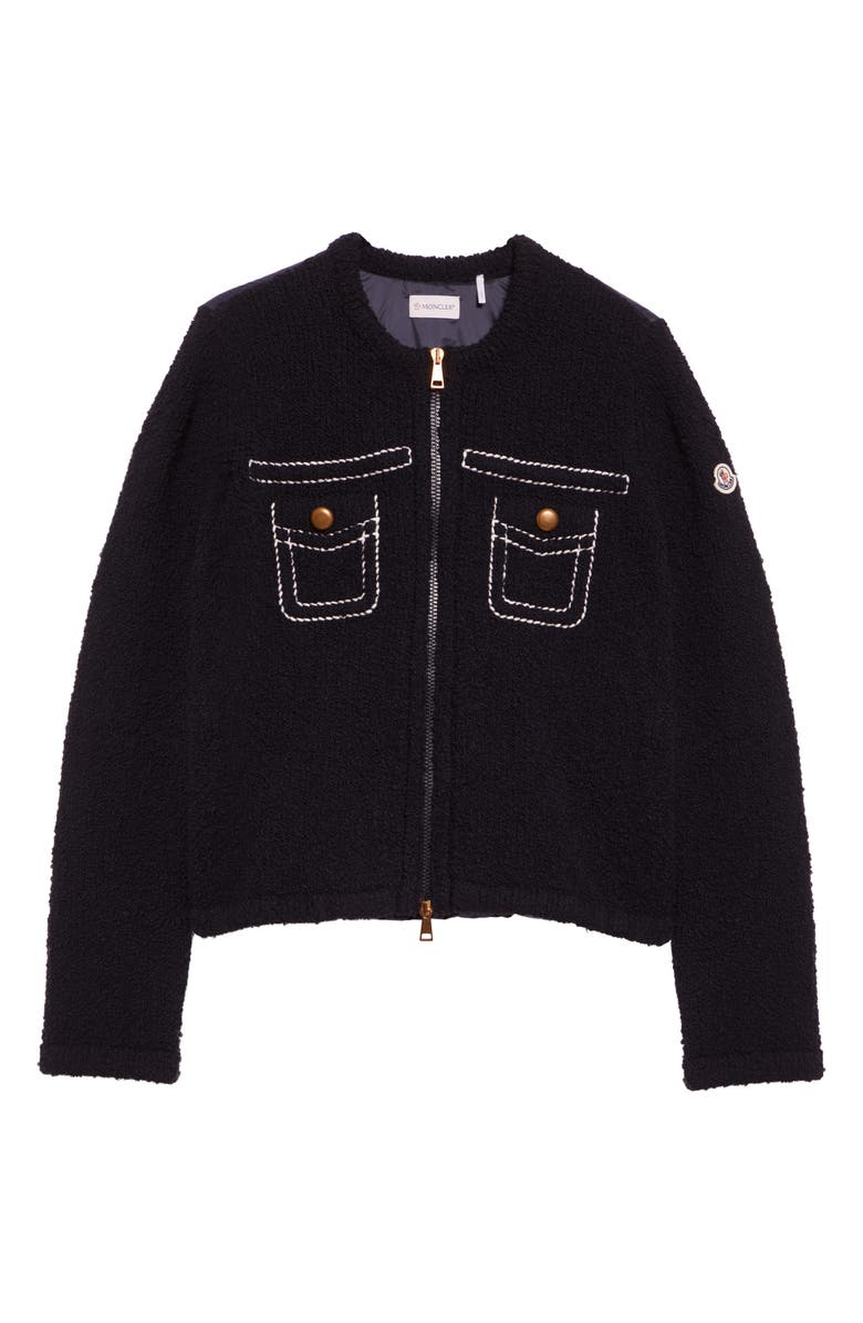 Moncler Trompe l'Oeil Bouclé Knit & Down Cardigan, Alternate, color, Navy Blue