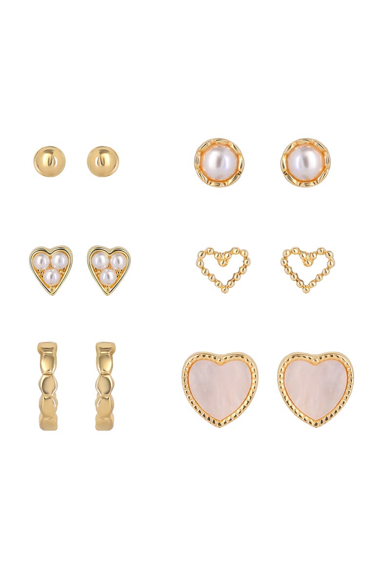 Gold-Tone Heart Stud Earrings and Huggie Hoops Pack of 6 | 6-Pack, Gold Heart Earrings, Faux Pearl Accents, Faux Pearl Accents, Main, color, Gold-Tone