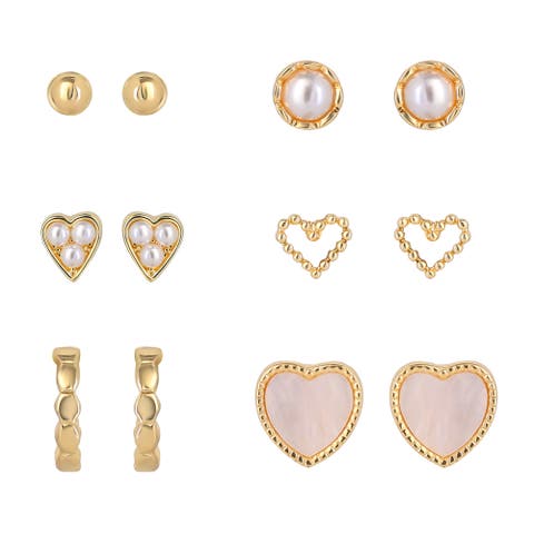 Gold-Tone Heart Stud Earrings and Huggie Hoops Pack of 6 | 6-Pack, Gold Heart Earrings, Faux Pearl Accents, Faux Pearl Accents