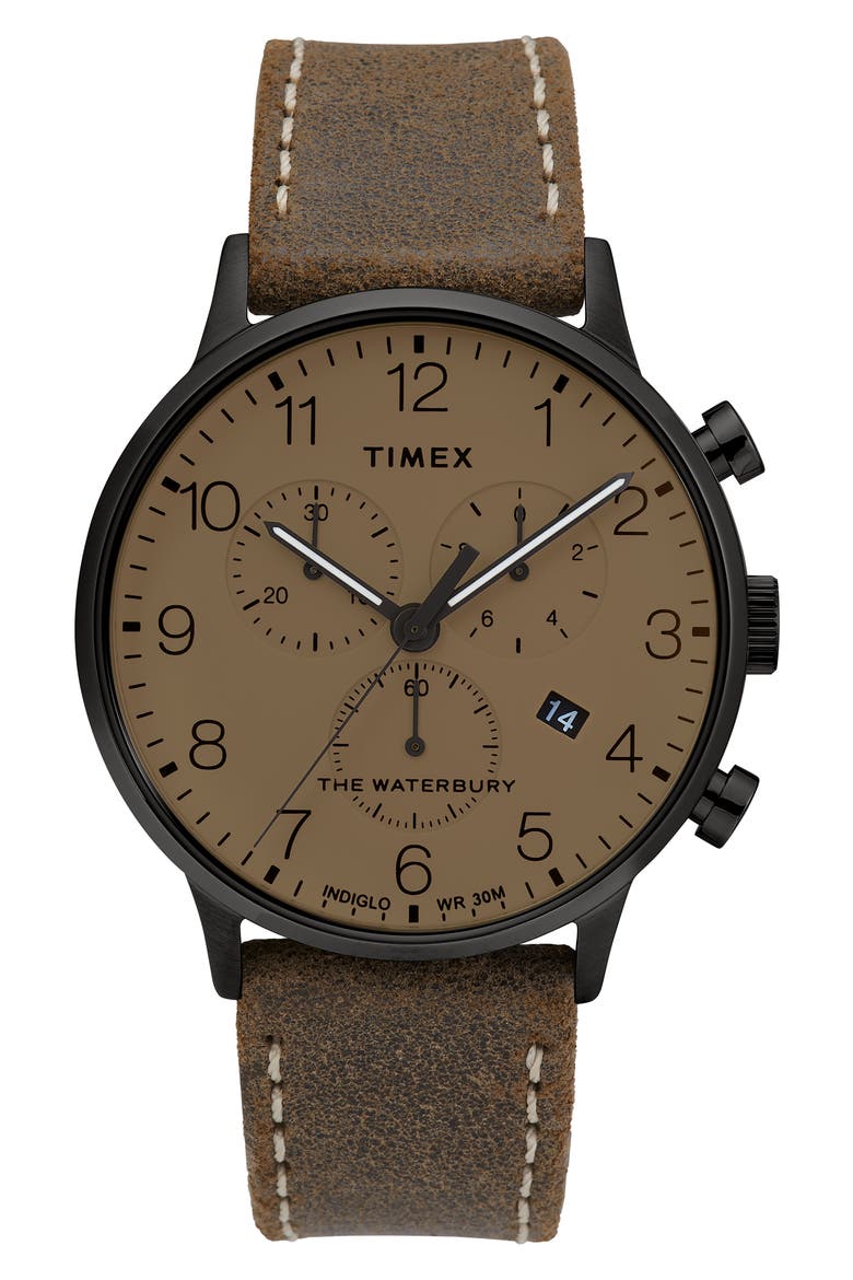 Waterbury Chronograph Leather Strap Watch, 40mm, Main, color, TAUPE/ GUNMETAL