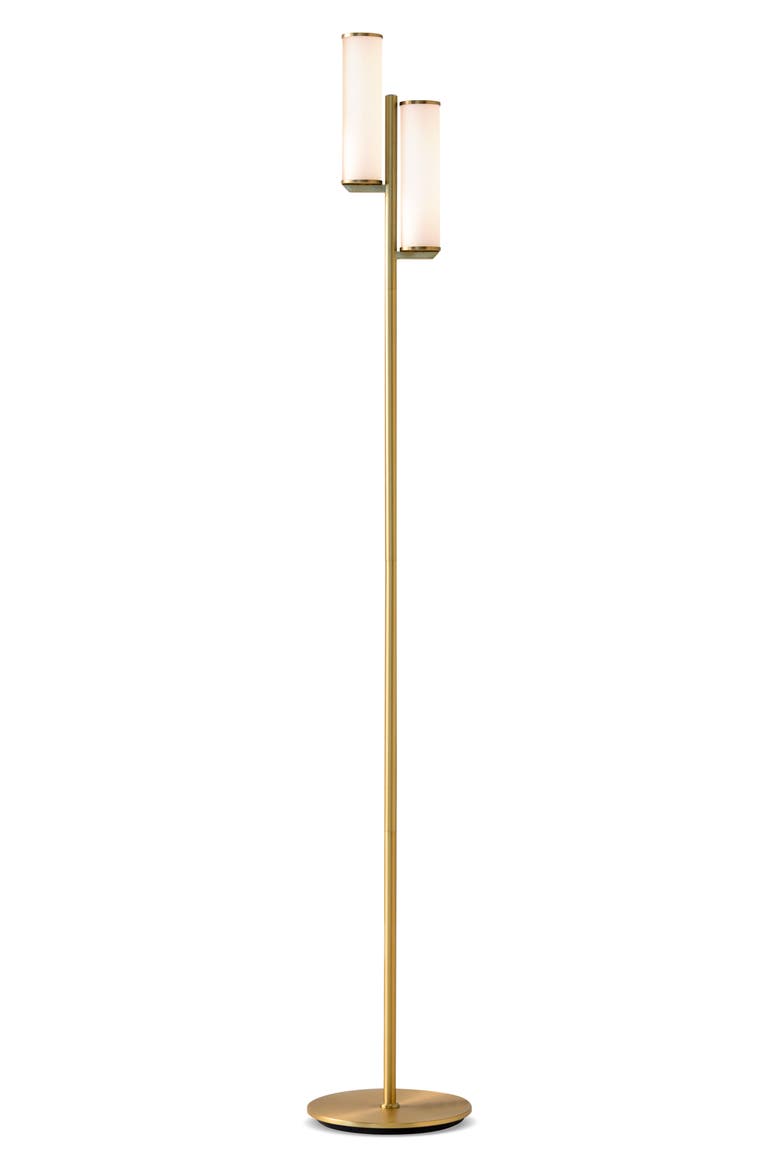 Gemini 64" Industrial LED Standing Floor Lamp with Glass Cylinder Shades, 3-Way Dimming, Main, color, BRASS