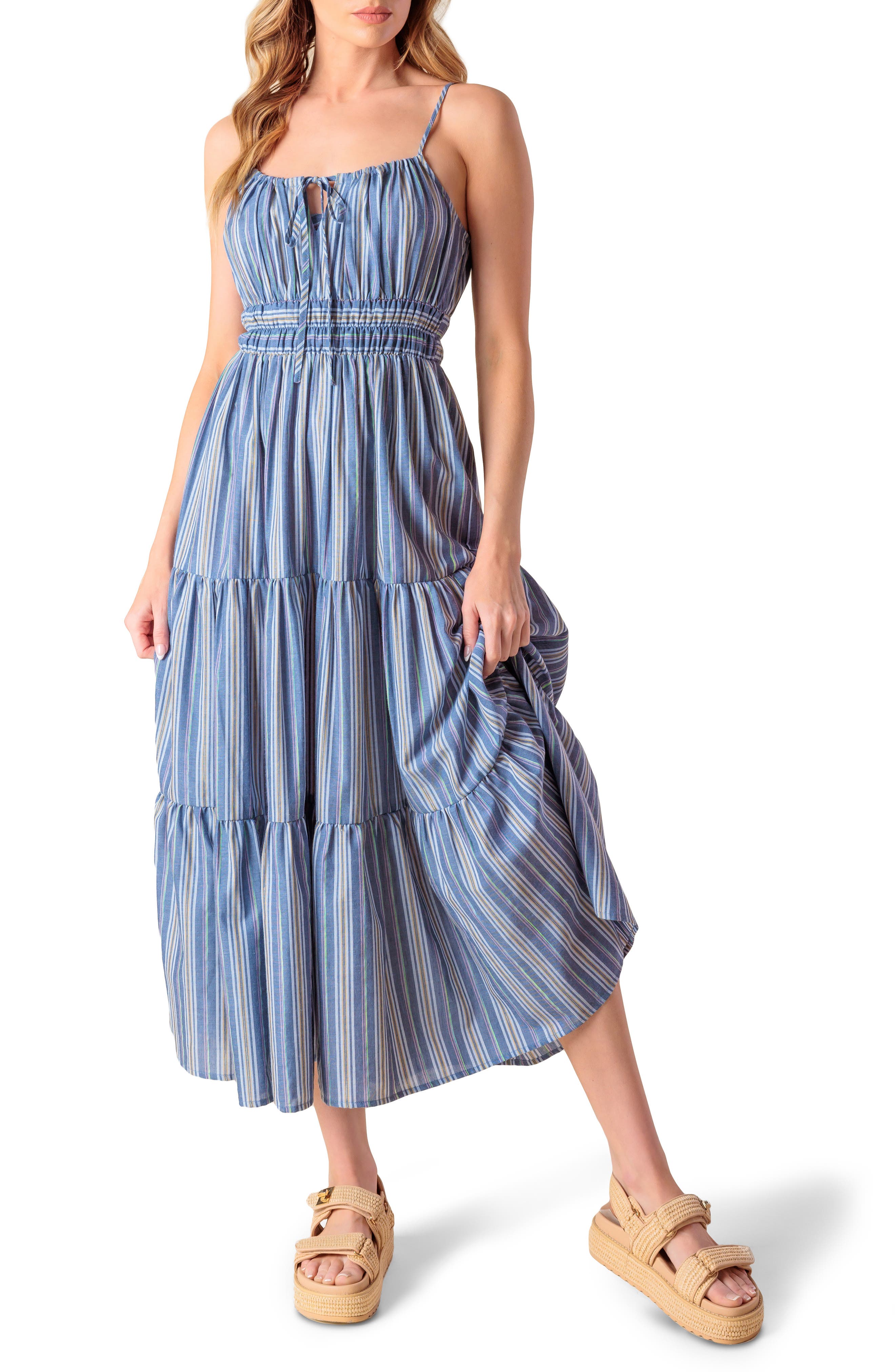 FLYING TOMATO Stripe Tiered Cotton Maxi Dress