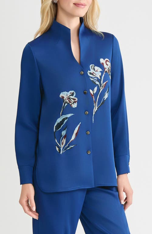 Misook Embroidered Crêpe De Chine Shirt In Blue