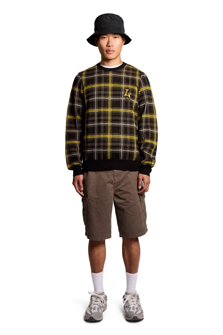 Ribbed Jacquard Tartan Crew Neck, Main, color, Jet Black