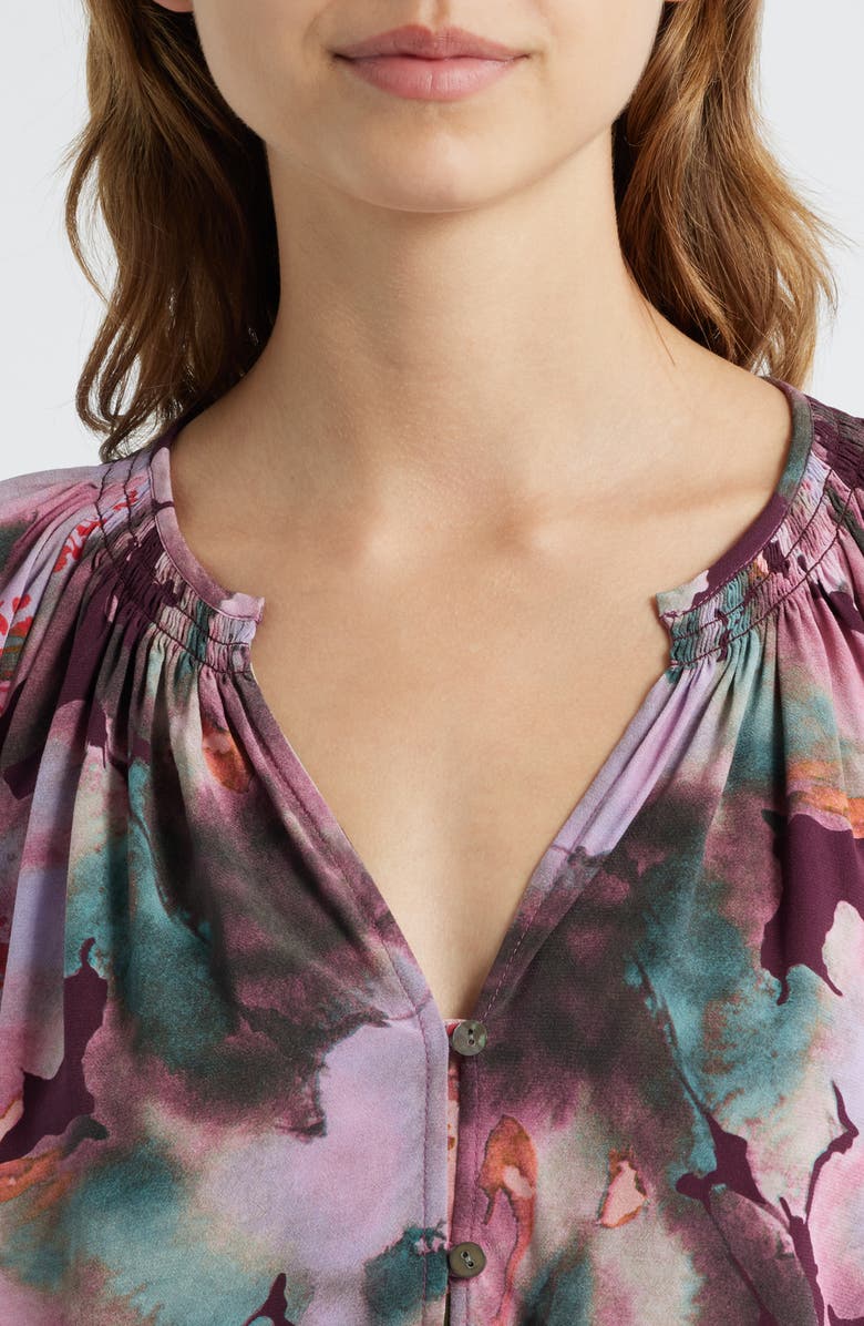 Rails Mariah Floral Smocked Button-Up Peasant Top, Alternate, color, Magenta Verbena