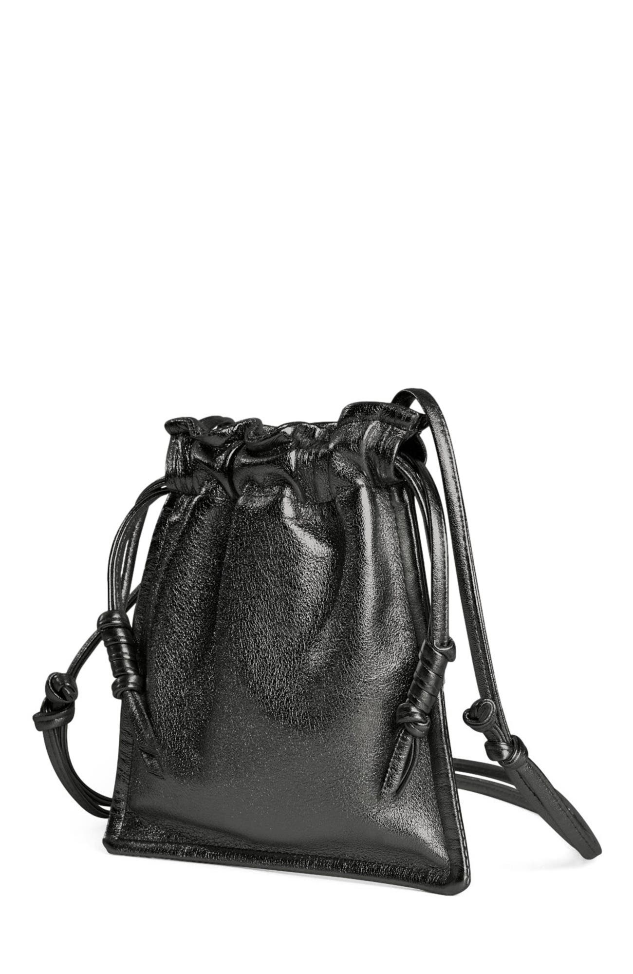 Bowie Adjustable Drawstring Leather Pouch, Alternate, color, Black Metallic
