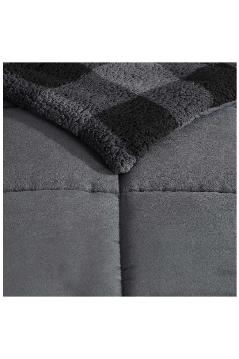 Cabin Plaid Reversible Faux Shearling Comforter Set, Alternate, color, DARK GREY