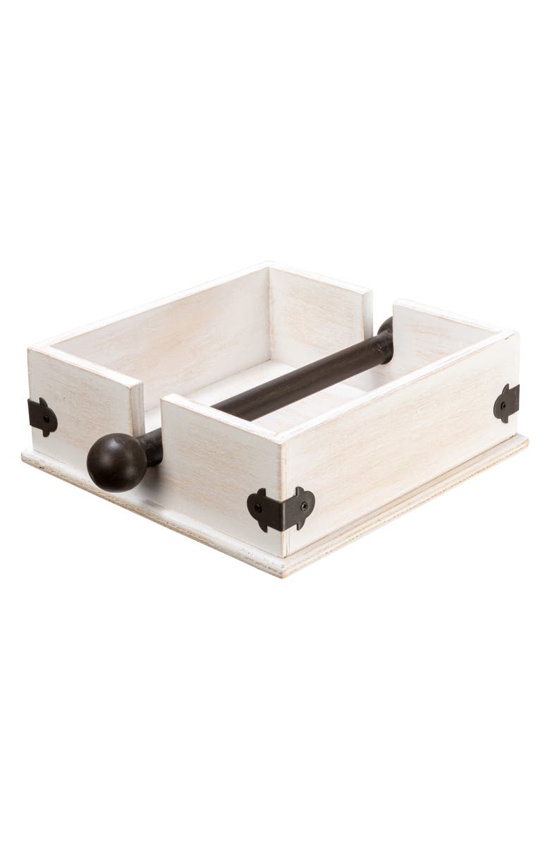 Storied Home Farmhouse Square Wood and Metal Napkin Holder, Whitewashed Finish, Main, color, 