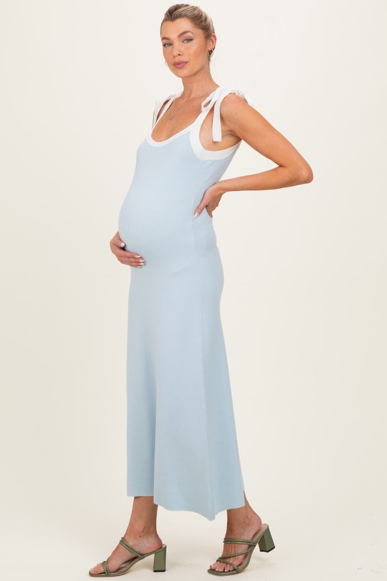 Blue Knit Contrast Shoulder Tie Dress, Alternate, color, Light Blue