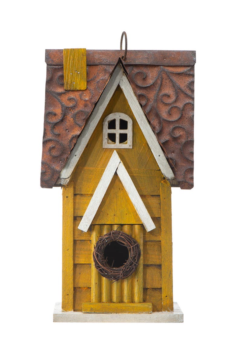 12"H Retro Distressed Painted Solid Wood Cottage Birdhouse, Alternate, color, Yellow