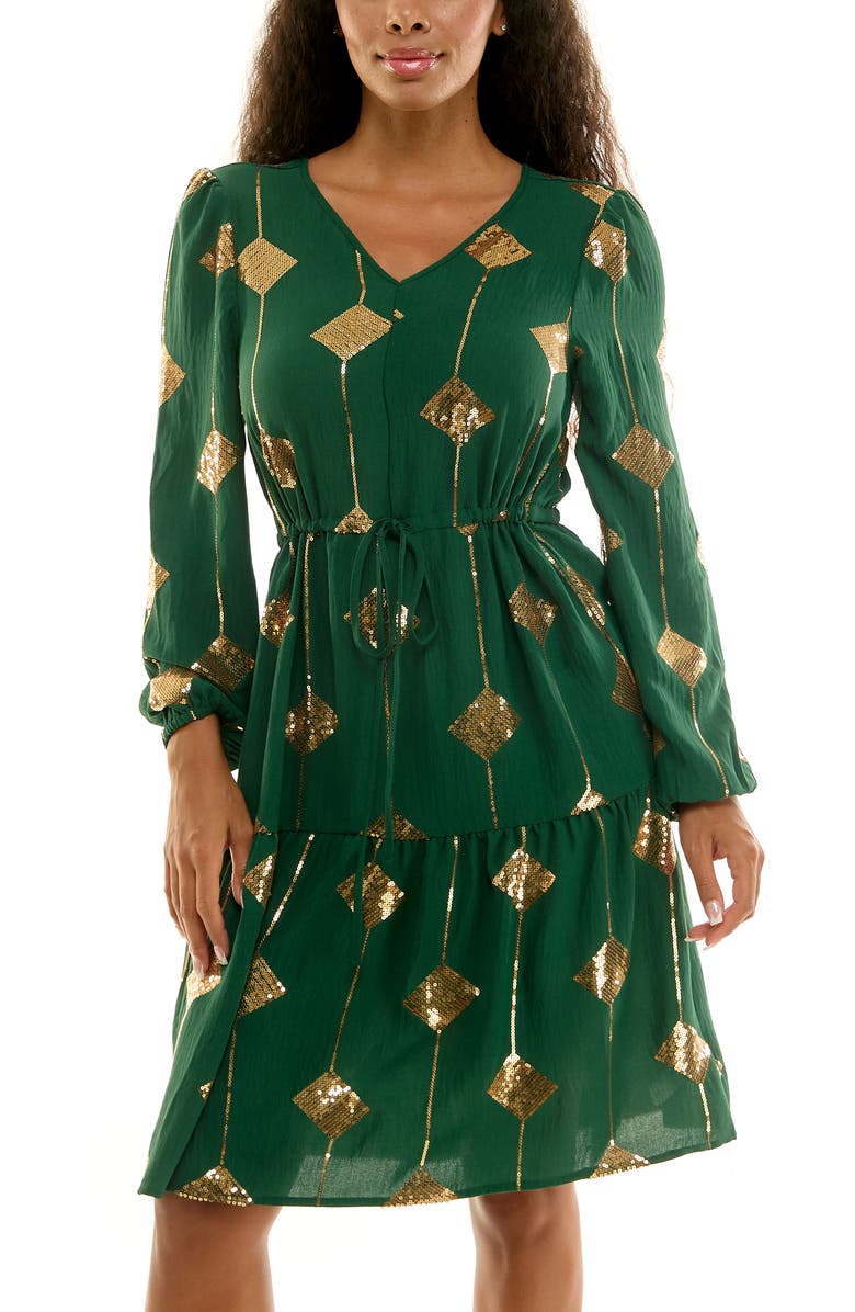 Nina Leonard Balloon Sleeve Drawstring Dress, Alternate, color, Jewel Green