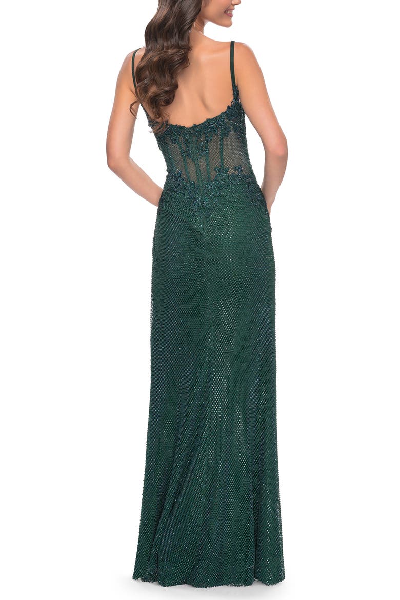 Rhinestone Embellished Fishnet Dress with Lace Details, Alternate, color, Dark Emerald