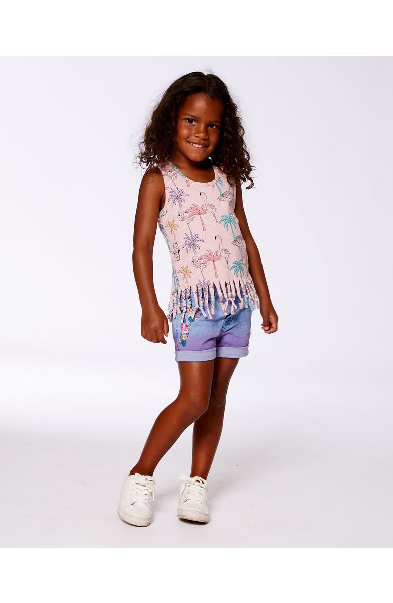 Deux par Deux Girl's Printed Organic Cotton Tank Top With Fringe Palm Trees, Pink Flamingo, And Turquoise, Alternate, color, 