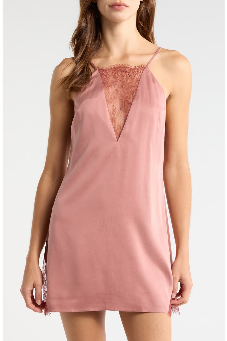 Lace Plunge Washable Silk Chemise, Main, color, BRAMBLED BLUSH/ MULLED MAPLE