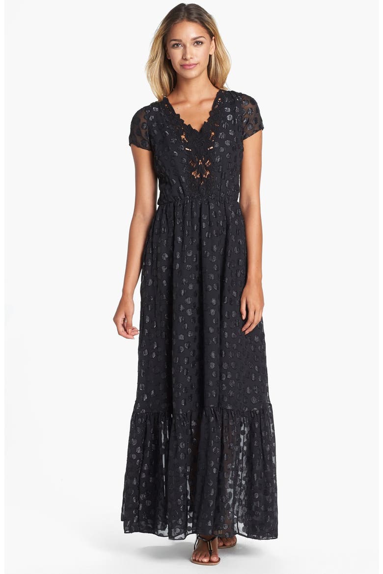 'Evan' Metallic Dot Maxi Dress, Main, color, BLACK